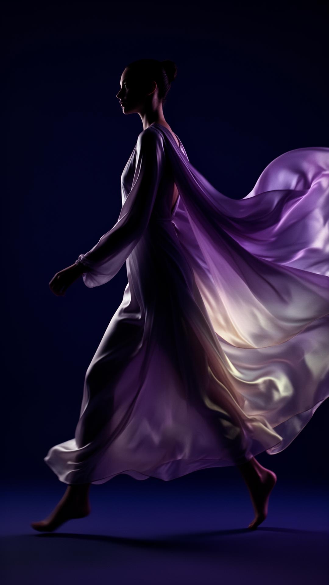 A figure in flowing silk caught mid-stride, lit in iridescent purple and pearl